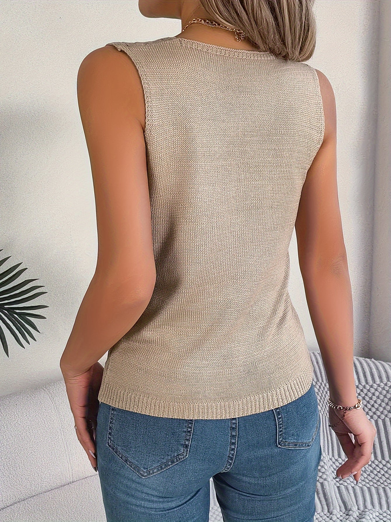 Camiseta sin mangas para mujer, elegante con cuello en V estilo vacaciones, sin mangas, botones decorativos, ideal para primavera/verano