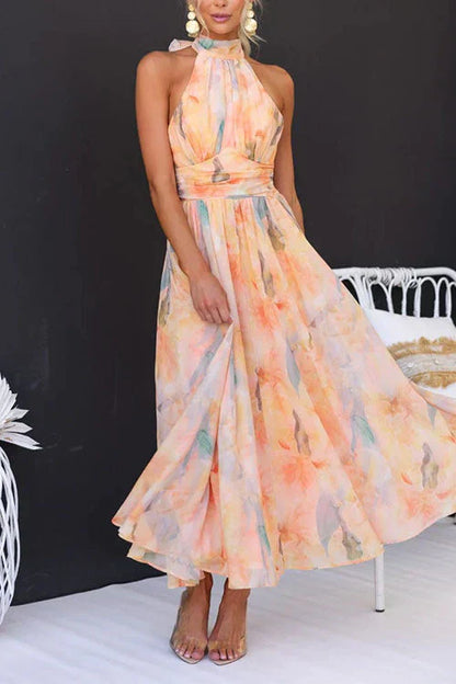 Robe longue d'été femme – style maxi élégant à imprimé artistique, col halter, idéale pour occasions spéciales