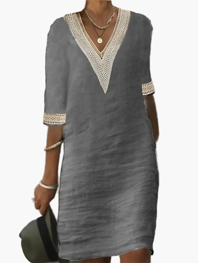 Zomerse jurk voor dames in chique bohemienstijl met V-hals en driekwartmouwen voor een ontspannen en elegante uitstraling