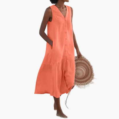 Robe d'Été Décontractée Femme Sans Manches Boutonnée, Style Plage et Vacances