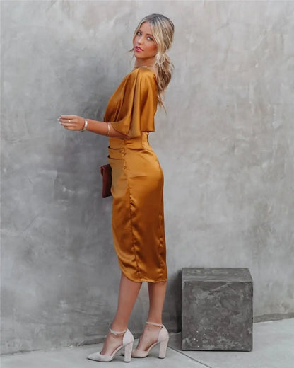 Robe midi asymétrique de soirée pour femme, style drapé élégant, usage événementiel et cocktail