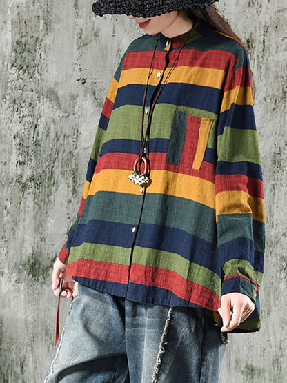 Camicia informale da donna a righe stile ampio con collo alla coreana per la primavera