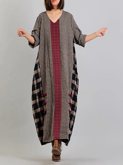 Abito lungo vintage a quadri per donna, stile ampio e informale, scollo a V, maniche lunghe, ideale per un aspetto bohémien elegante