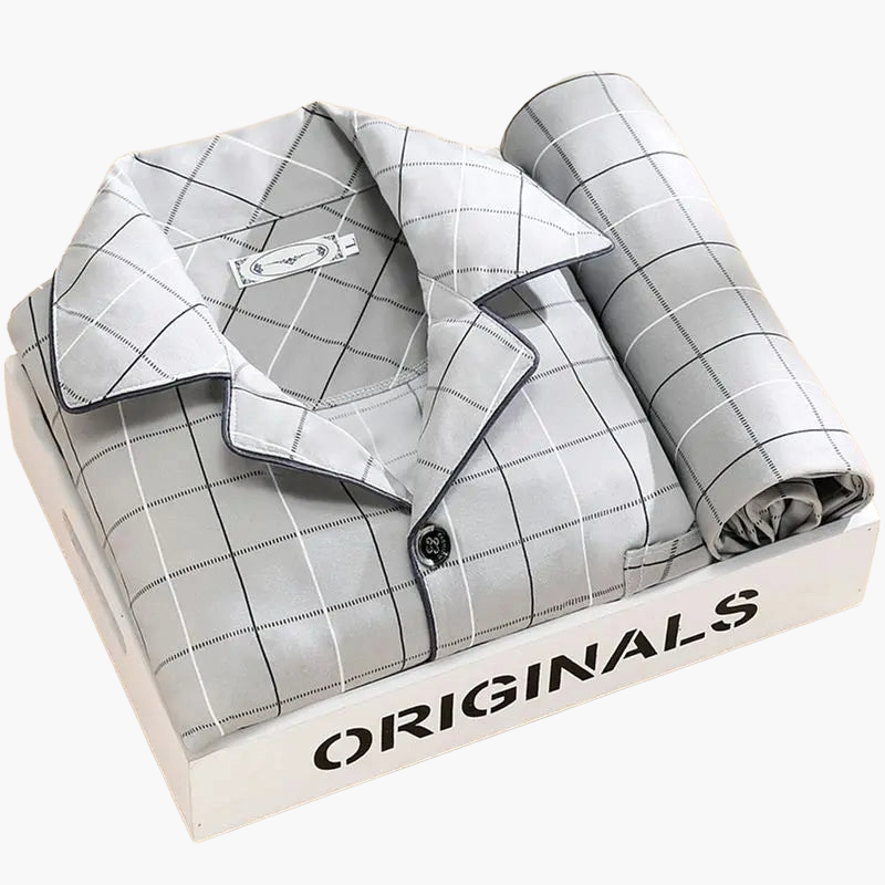 Elegant herre-pyjamas med fjerprint – Komfortabelt sæt til nat og afslapning