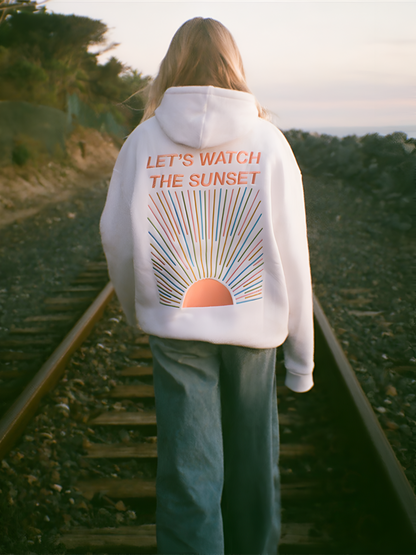 Felpa con Cappuccio Oversize Donna Stile Casual Messaggio 'Let's Watch the Sunset' Ideale per Spiaggia e Tempo Libero