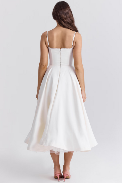 Robe de soirée élégante femme style princesse bustier jupe midi évasée