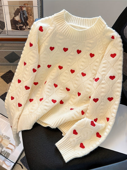 Pull femme crème à cœurs rouges, col montant, maille texturée