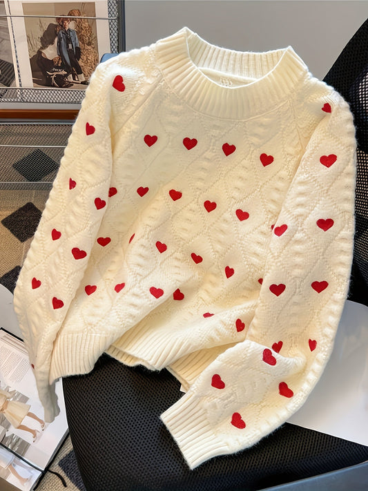 Pull femme crème à cœurs rouges, col montant, maille texturée