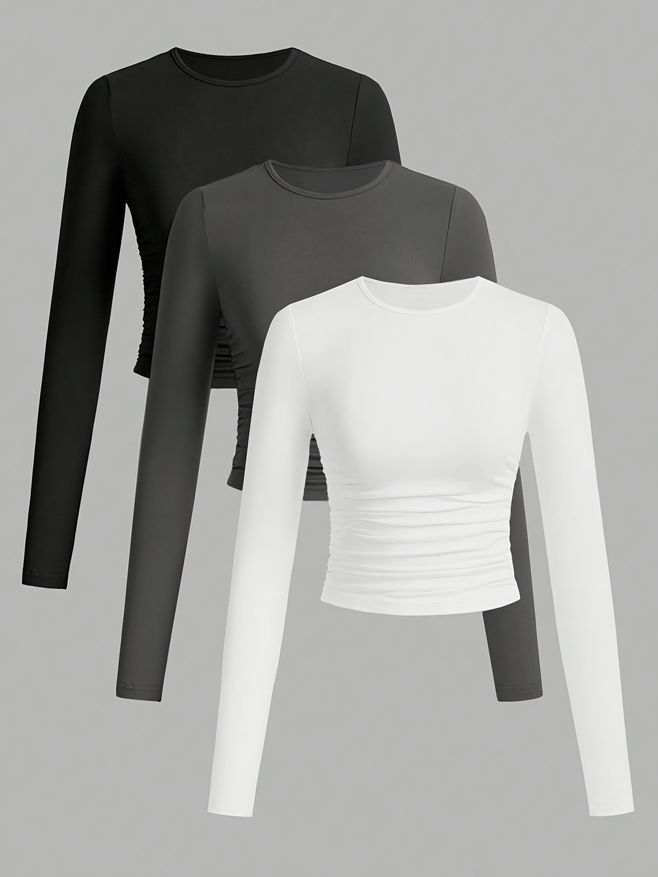 Lot de 3 Crop Tops Femme Manches Longues Col Rond Froncé
