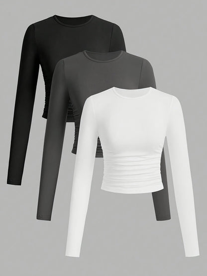 Lot de 3 Crop Tops Femme Manches Longues Col Rond Froncé