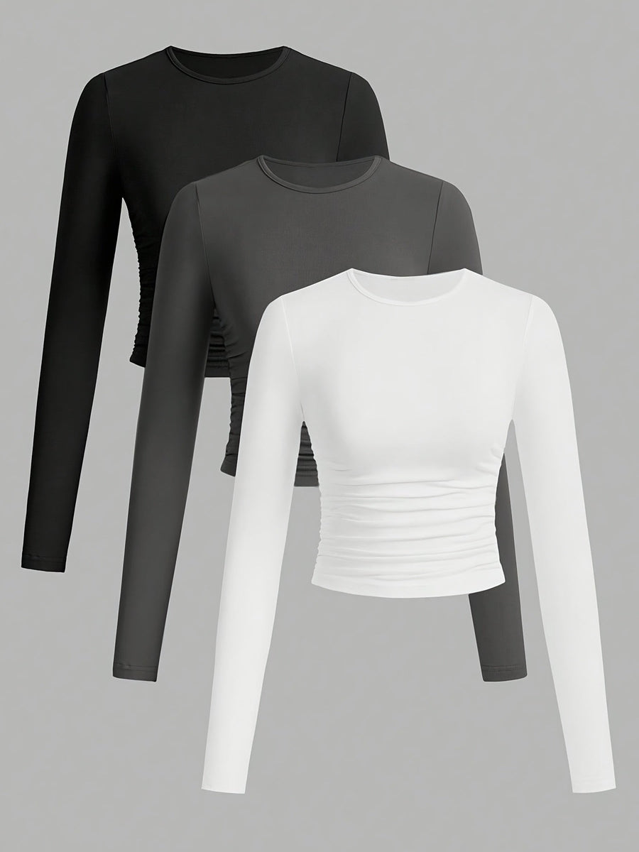 Set of 3 Women’s Long-Sleeve Ruched Crew-Neck Crop Tops