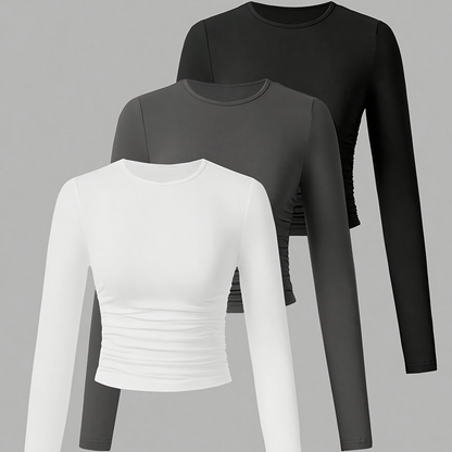 Lot de 3 Crop Tops Femme Manches Longues Col Rond Froncé