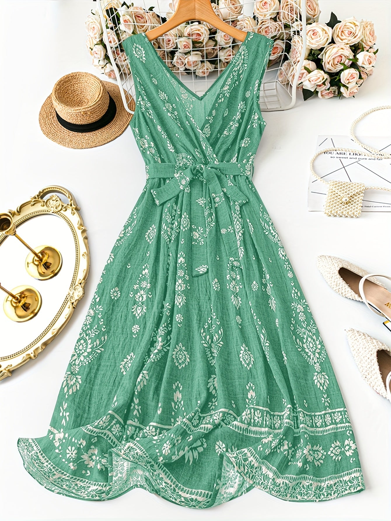 Vestido largo bohemio para mujer con estampado damasco y cinturón, estilo vintage chic