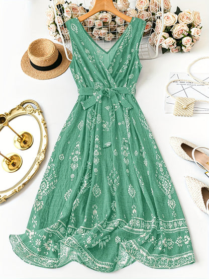 Vestido largo bohemio para mujer con estampado damasco y cinturón, estilo vintage chic