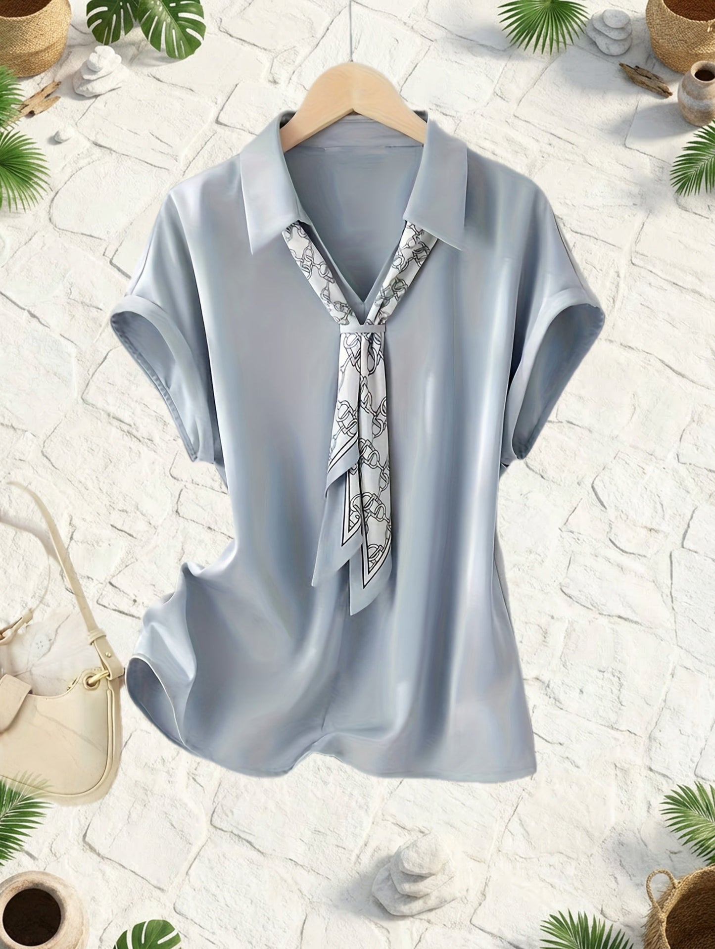 Elegant short-sleeve blouse with collar and scarf for women – Casual chic style