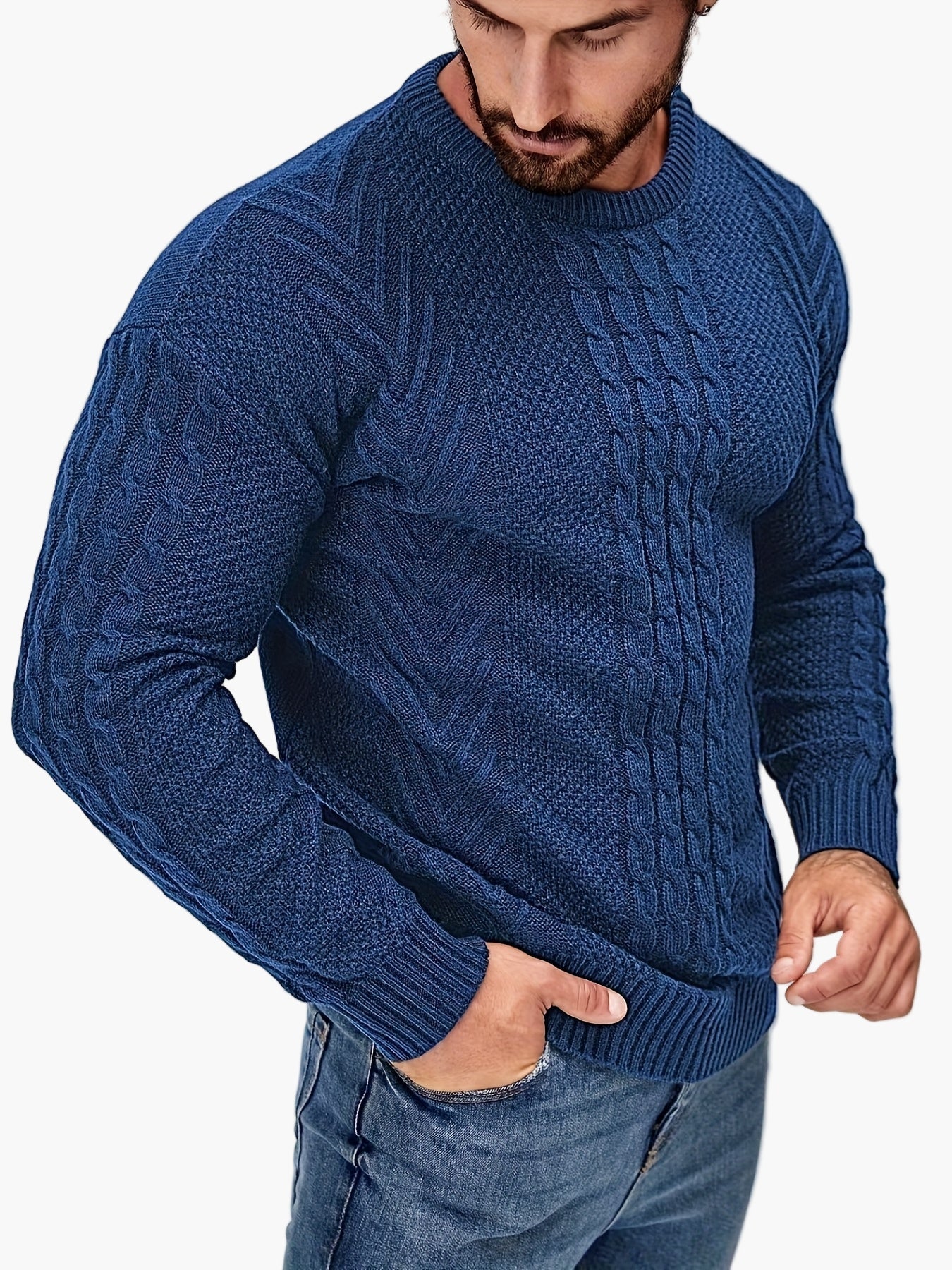Jersey de punto trenzado para hombre estilo urbano casual – Mangas largas, elegante otoño/invierno