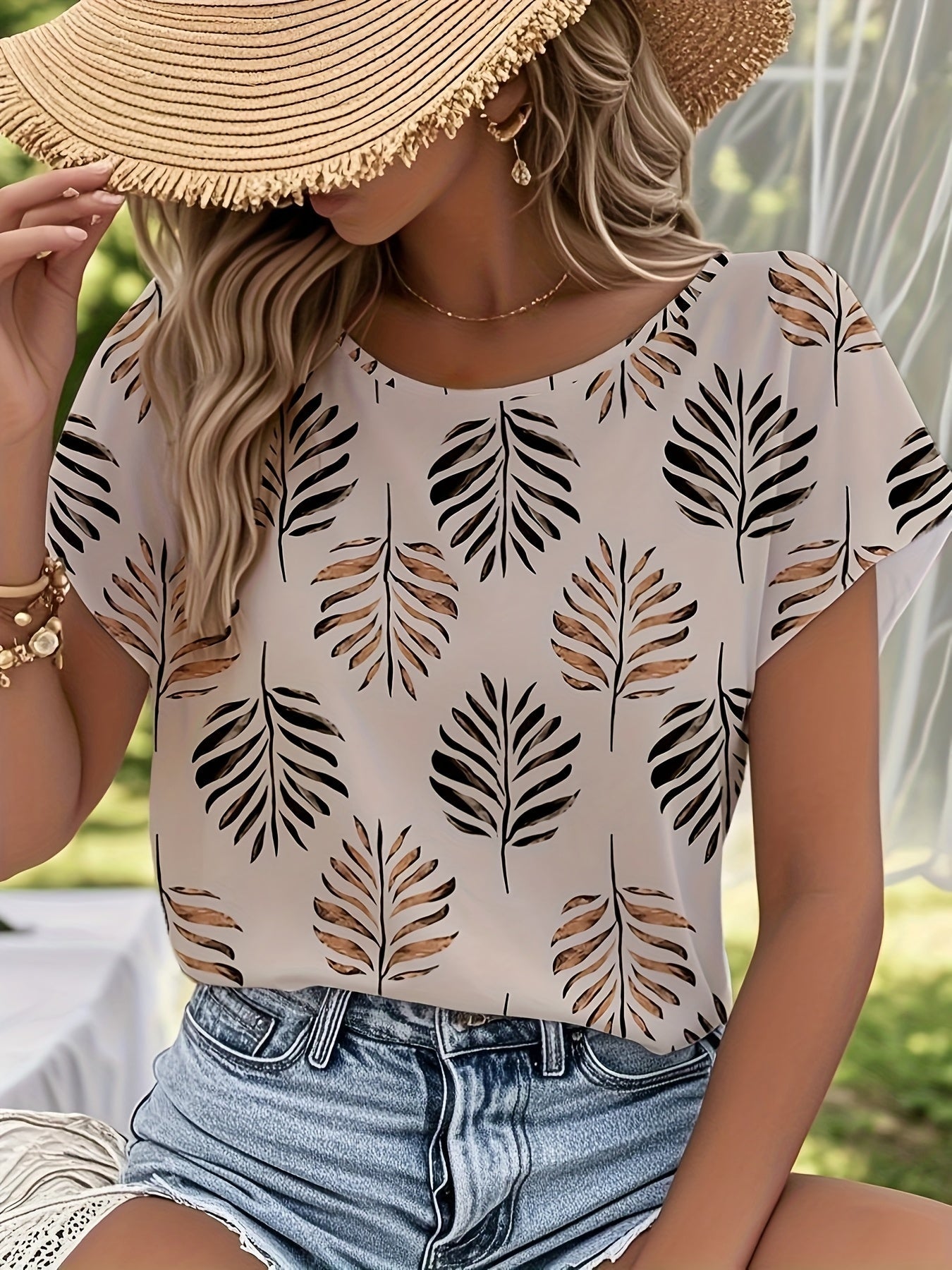Blouse Femme Élégante à Imprimé Feuilles Style Printanier Été – Idéal pour Sorties Décontractées