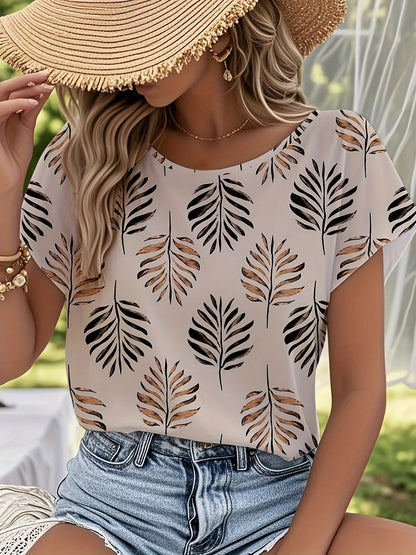 Blouse Femme Élégante à Imprimé Feuilles Style Printanier Été – Idéal pour Sorties Décontractées