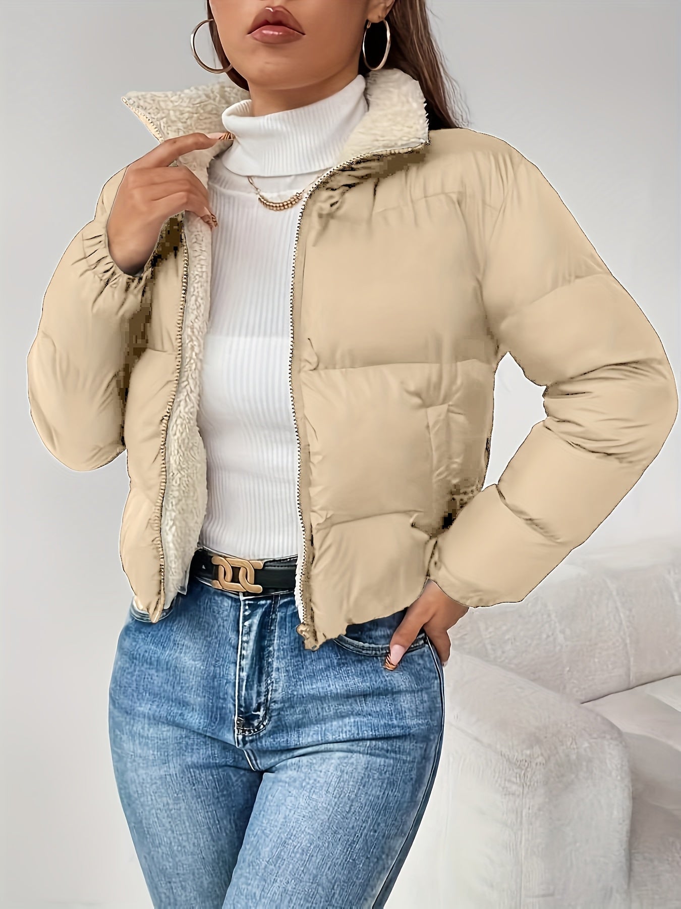Doudoune Courte Femme Matelassée Col Montant Doublure Douce Noir