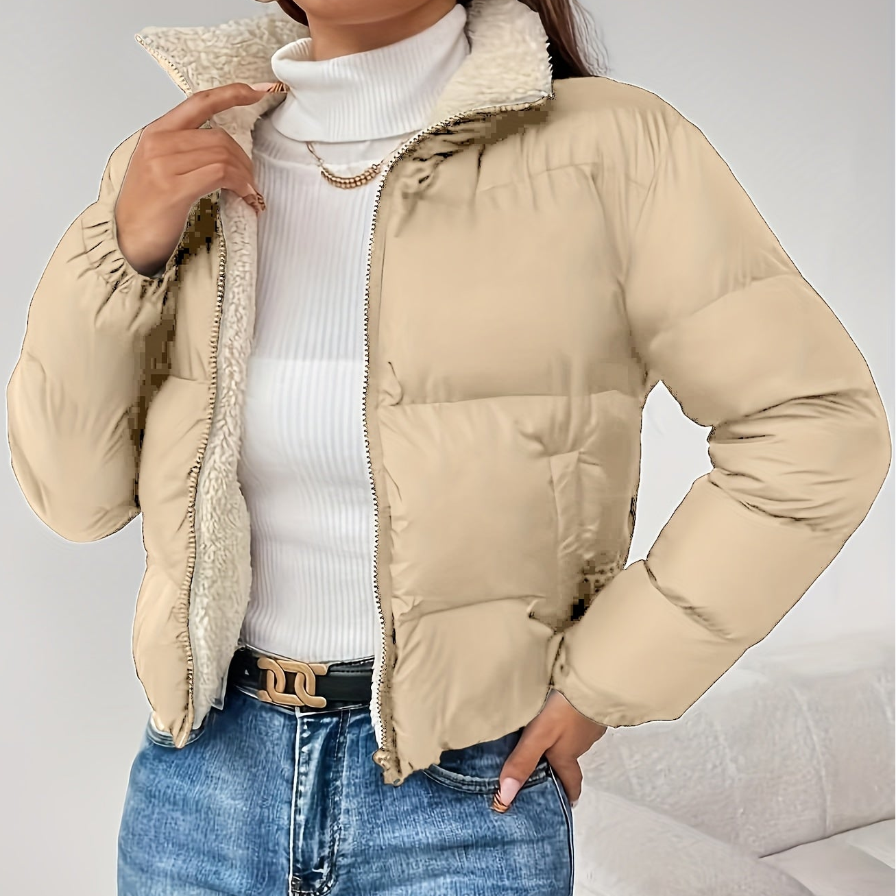 Doudoune Courte Femme Matelassée Col Montant Doublure Douce Noir