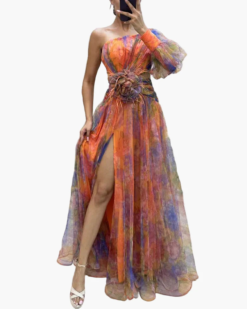 Robe longue élégante femme style soirée à une épaule avec fente et volant tendance
