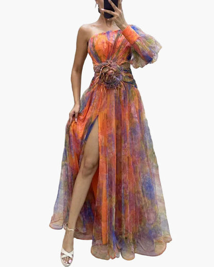 Robe longue élégante femme style soirée à une épaule avec fente et volant tendance