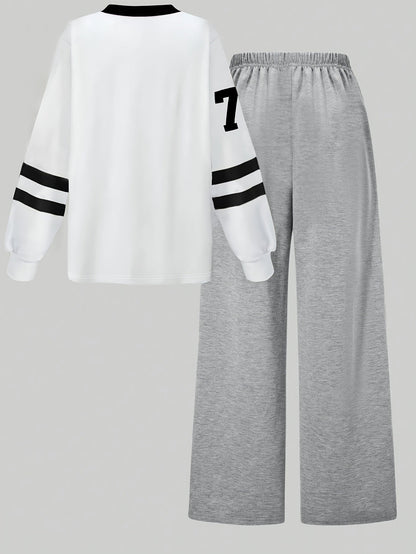 Ensemble Sport Décontracté Femme Col V Manches Longues & Pantalon Large Gris Los Angeles