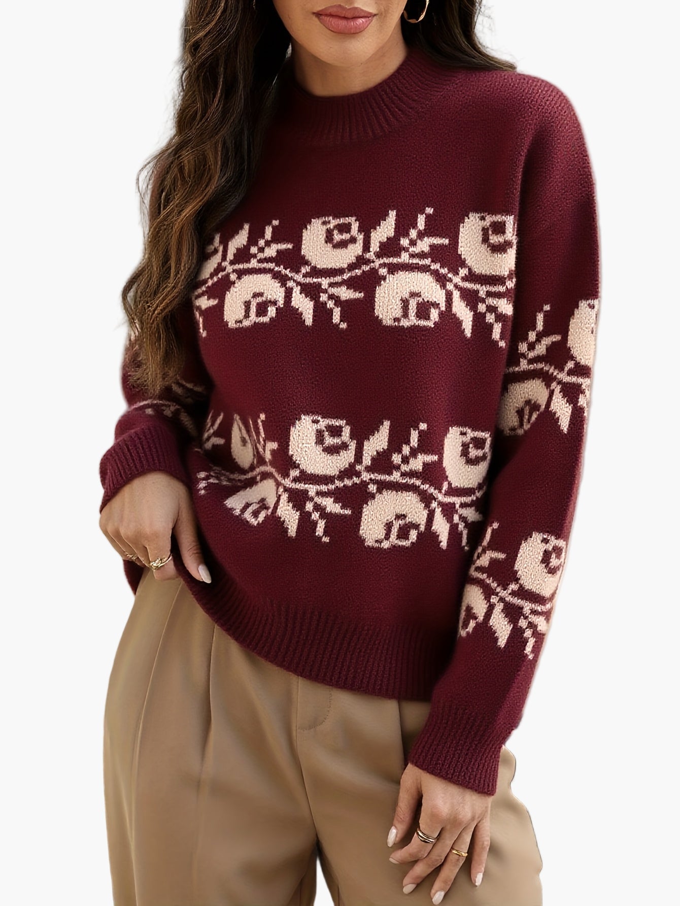 Elegante gebloemde jacquard trui voor dames, herfst-winter stijl, lange mouwen