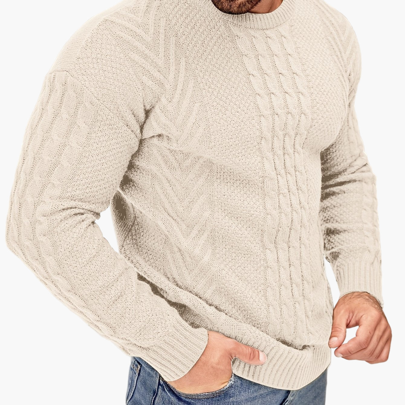 Jersey de punto trenzado para hombre estilo urbano casual – Mangas largas, elegante otoño/invierno
