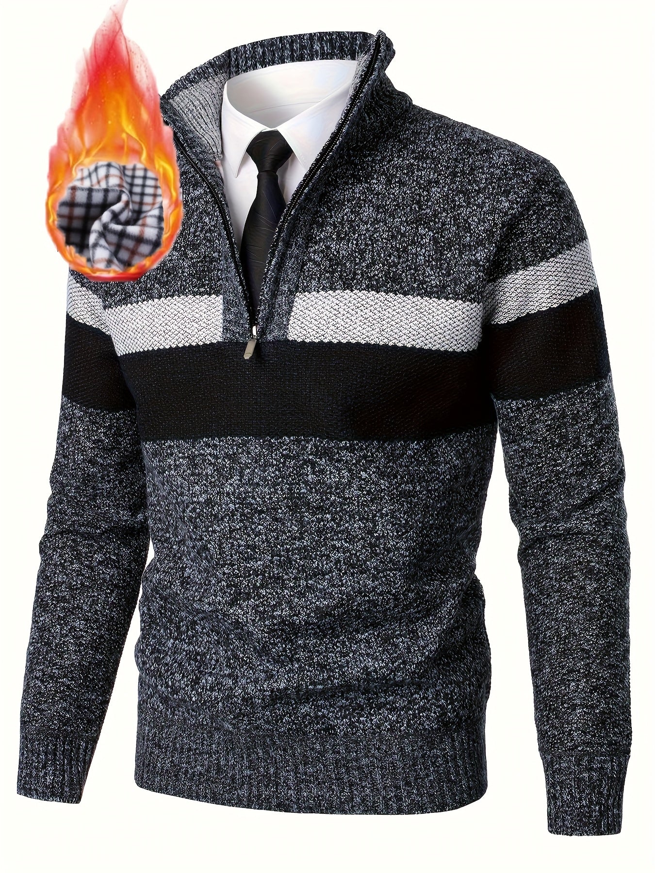 Pull homme tricoté à rayures, col montant zippé, doublure polaire beige et marron