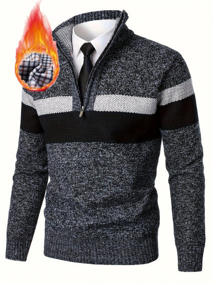 Pull homme tricoté à rayures, col montant zippé, doublure polaire beige et marron