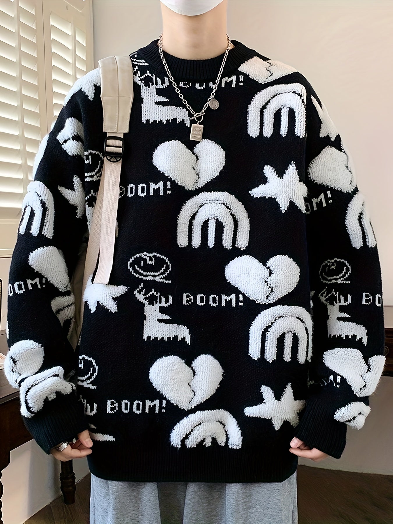 Pull tricoté col rond à motifs variés pour homme - Noir, Blanc ou Rouge