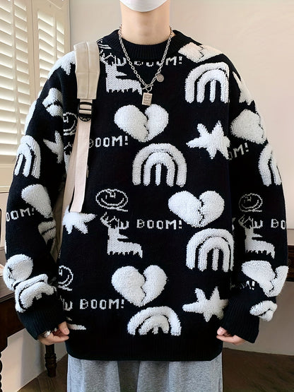 Pull tricoté col rond à motifs variés pour homme - Noir, Blanc ou Rouge