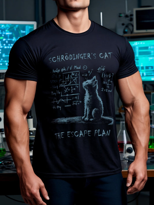 T-shirt homme geek science humour Schrödinger's Cat Escape Plan style laboratoire
