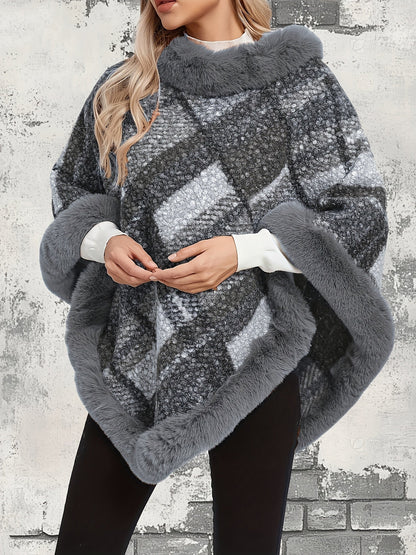 Poncho Femme Chaud Motifs Géométriques et Bordures Imitation Fourrure