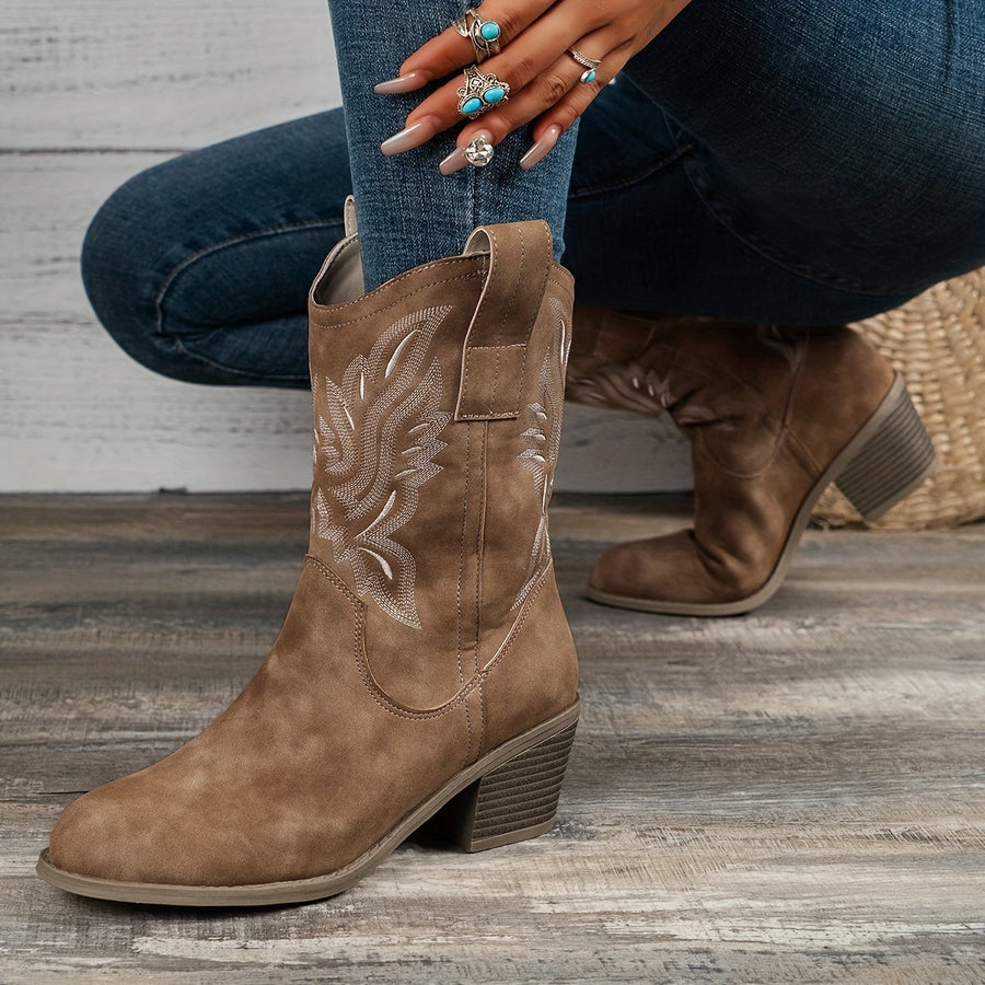 Westernstiefel für Damen im Cowboy-Stil, bestickt, mit Blockabsatz