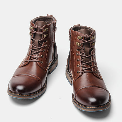 Bottes montantes pour homme marron avec lacets et semelle bleue contrastante