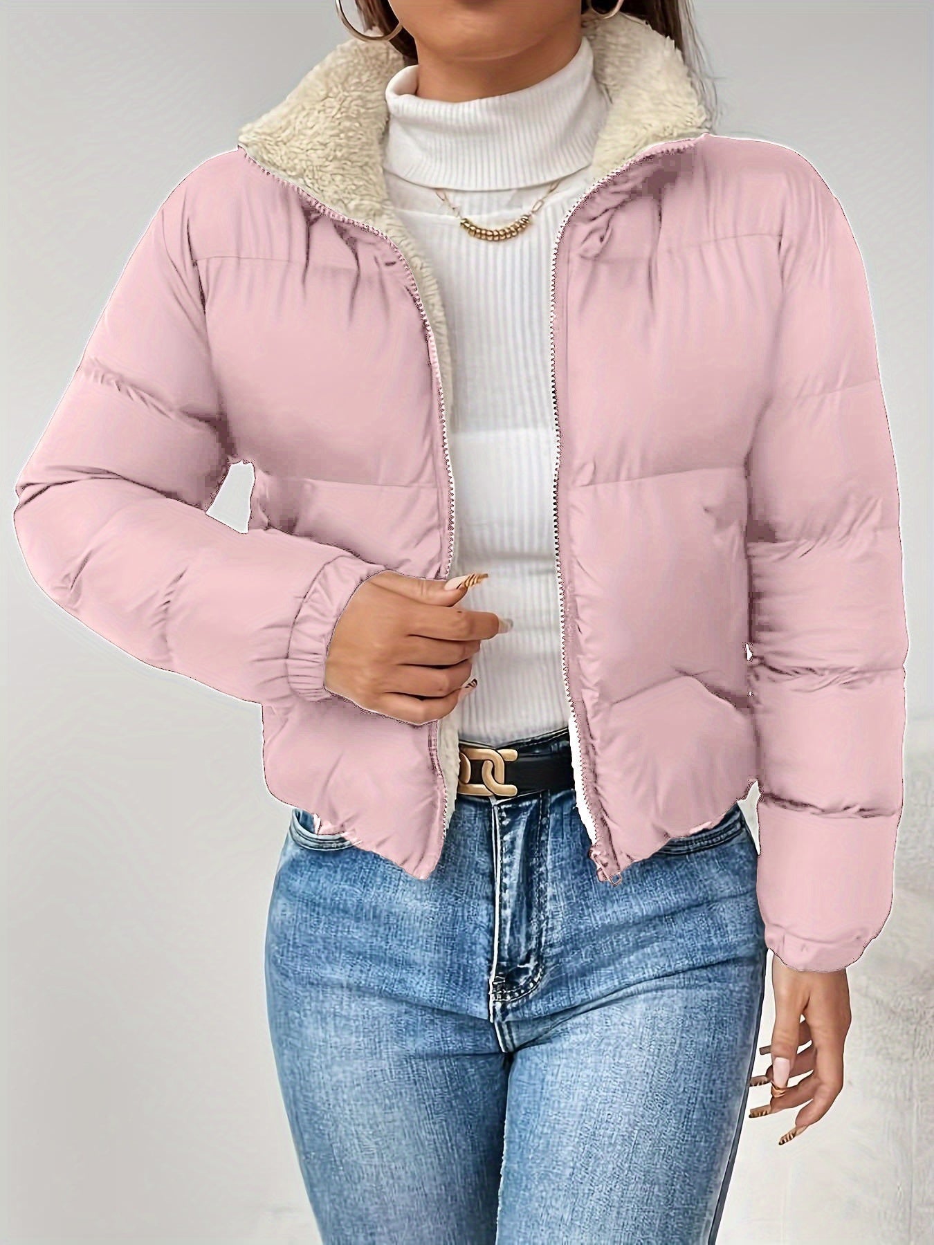 Doudoune Courte Femme Matelassée Col Montant Doublure Douce Noir