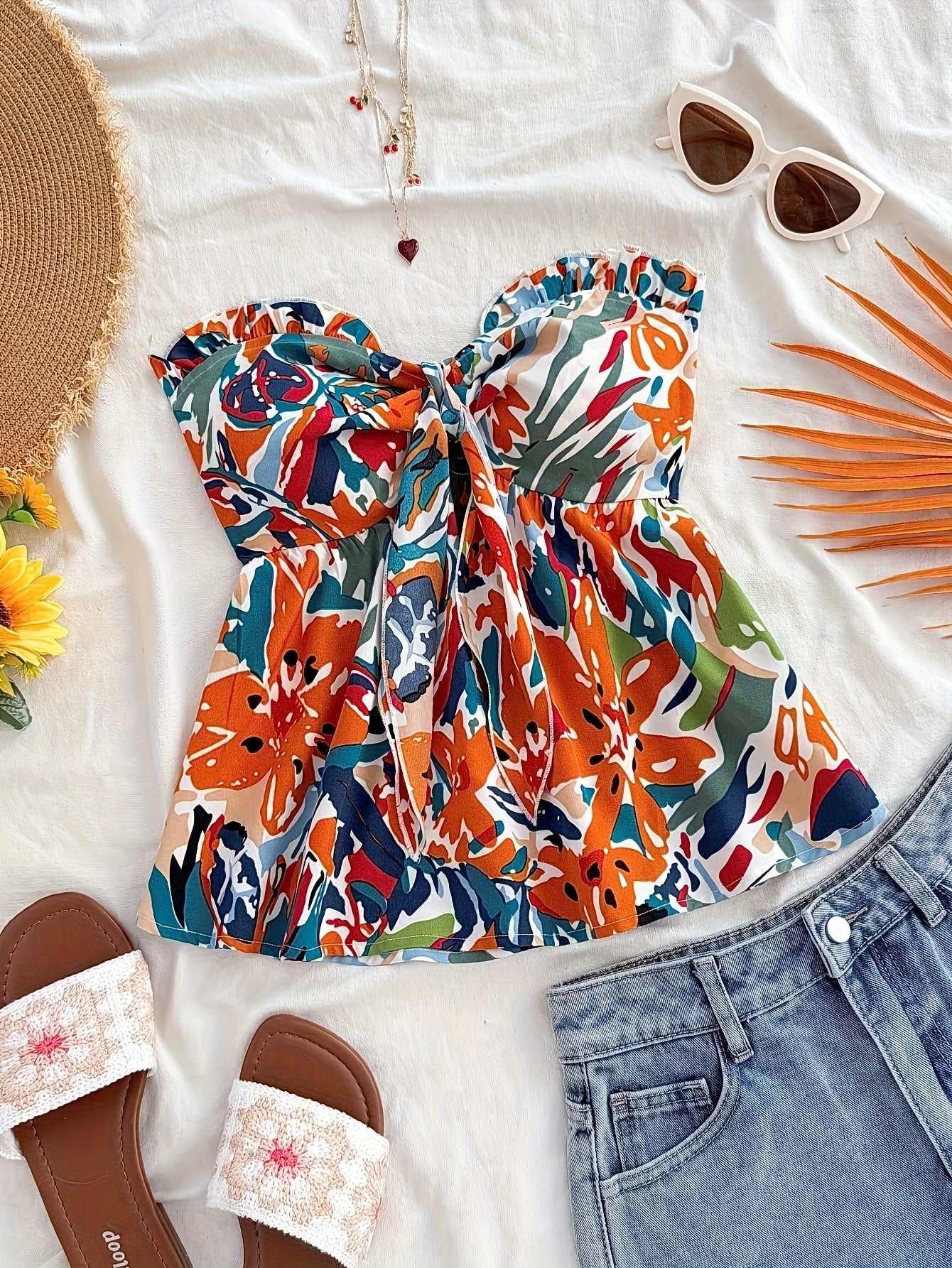 Top senza spalline annodato da donna stile vacanze con motivo floreale astratto – ideale per estate e spiaggia