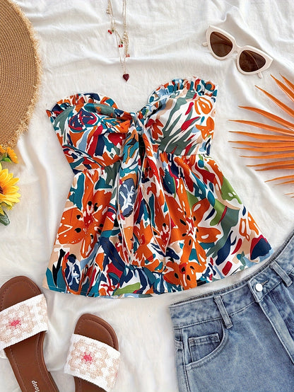 Top senza spalline annodato da donna stile vacanze con motivo floreale astratto – ideale per estate e spiaggia