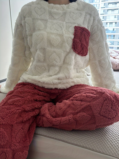 Pyjama Femme Doux Bicolore Motif Cœurs avec Poche Poitrine