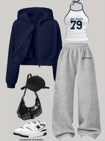 Ensemble Sportif Décontracté Femme 3 Pièces : Sweat à Capuche Court Zippé, Débardeur Halter et Pantalon Large Molletonné