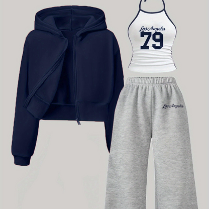 Ensemble Sportif Décontracté Femme 3 Pièces : Sweat à Capuche Court Zippé, Débardeur Halter et Pantalon Large Molletonné