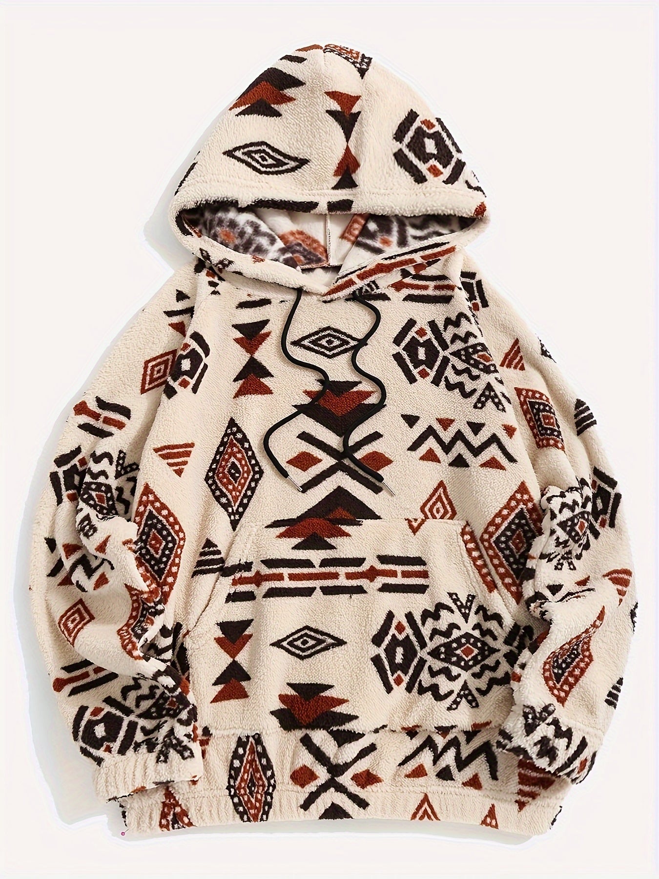 Sweat à Capuche Molletonné Motif Ethnique Beige et Marron avec Poche Kangourou