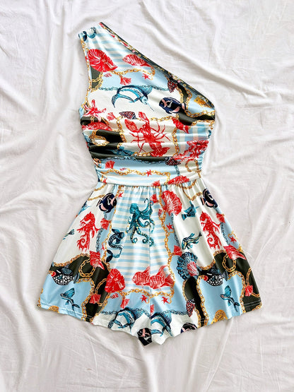 Damen Jumpsuit mit Shorts, einseitig, tropischer Chic für den Sommer