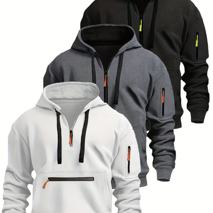 Sweat à Capuche Homme Zippé Mi-long avec Poche Kangourou et Manches Zippées