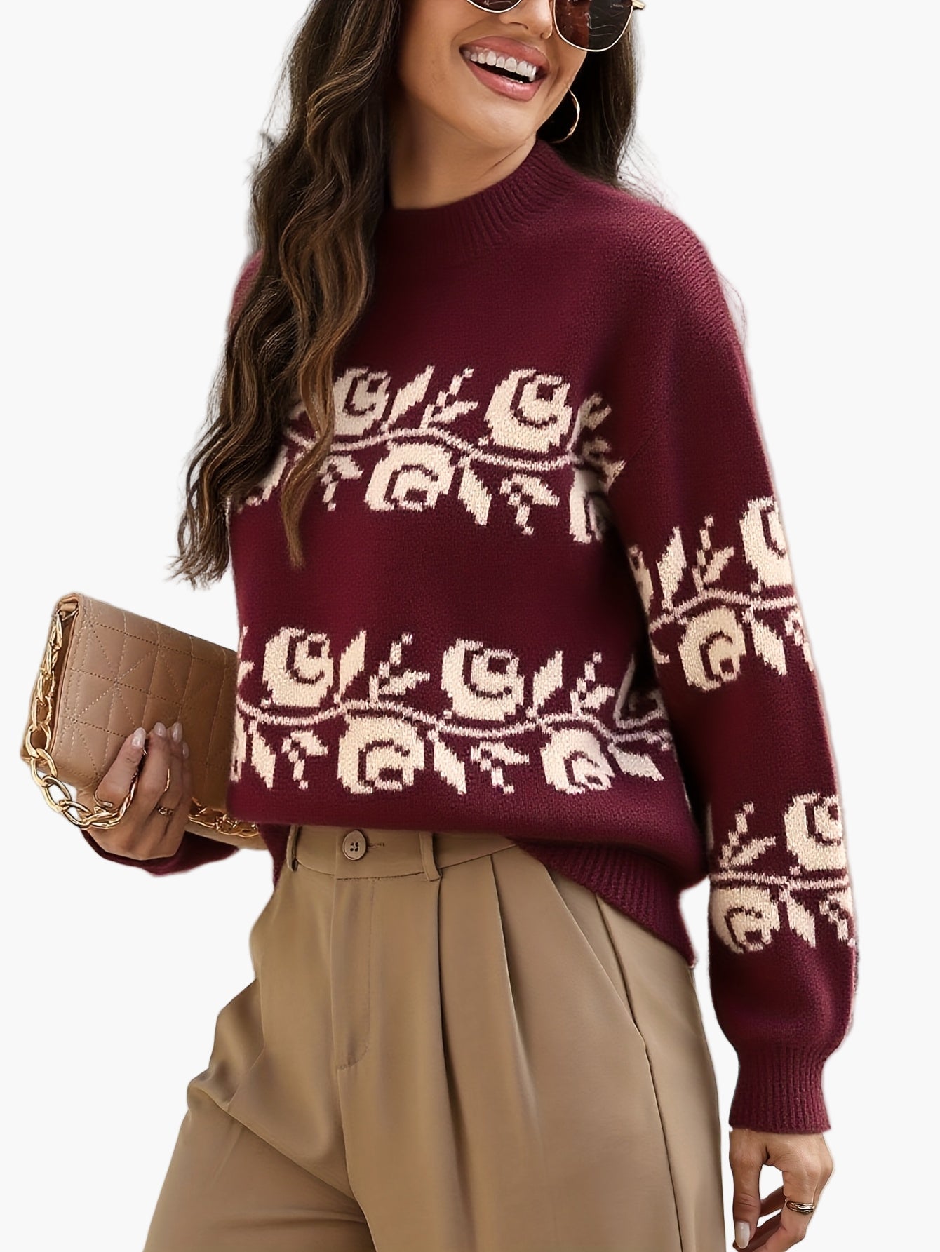 Elegante gebloemde jacquard trui voor dames, herfst-winter stijl, lange mouwen