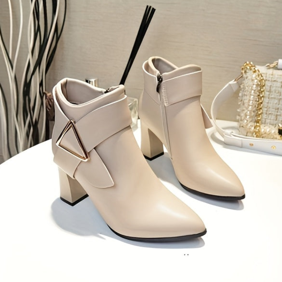 Bottines femme à talons épais, bout pointu, avec boucle décorative et fermeture éclair latérale