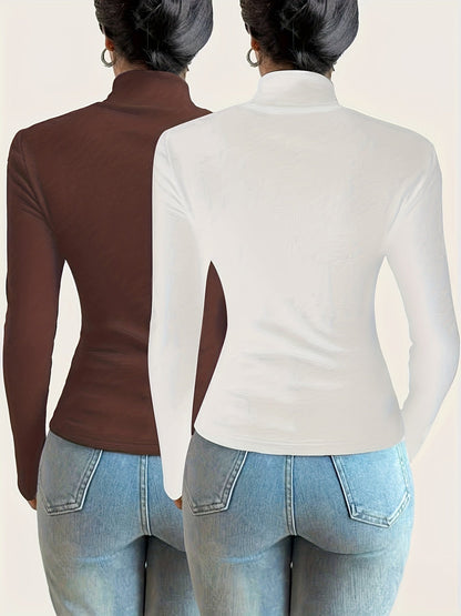 T-shirt Femme Col Roulé Manches Longues avec Trous pour Pouces Chaud Doux Couleur Unie