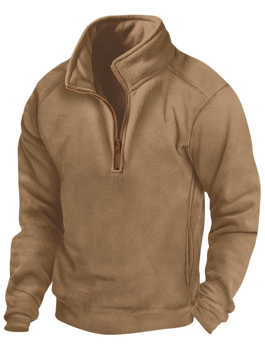 Herren-Fleece-Pullover mit halbem Reißverschluss, Stehkragen, langen Ärmeln und seitlichen Taschen